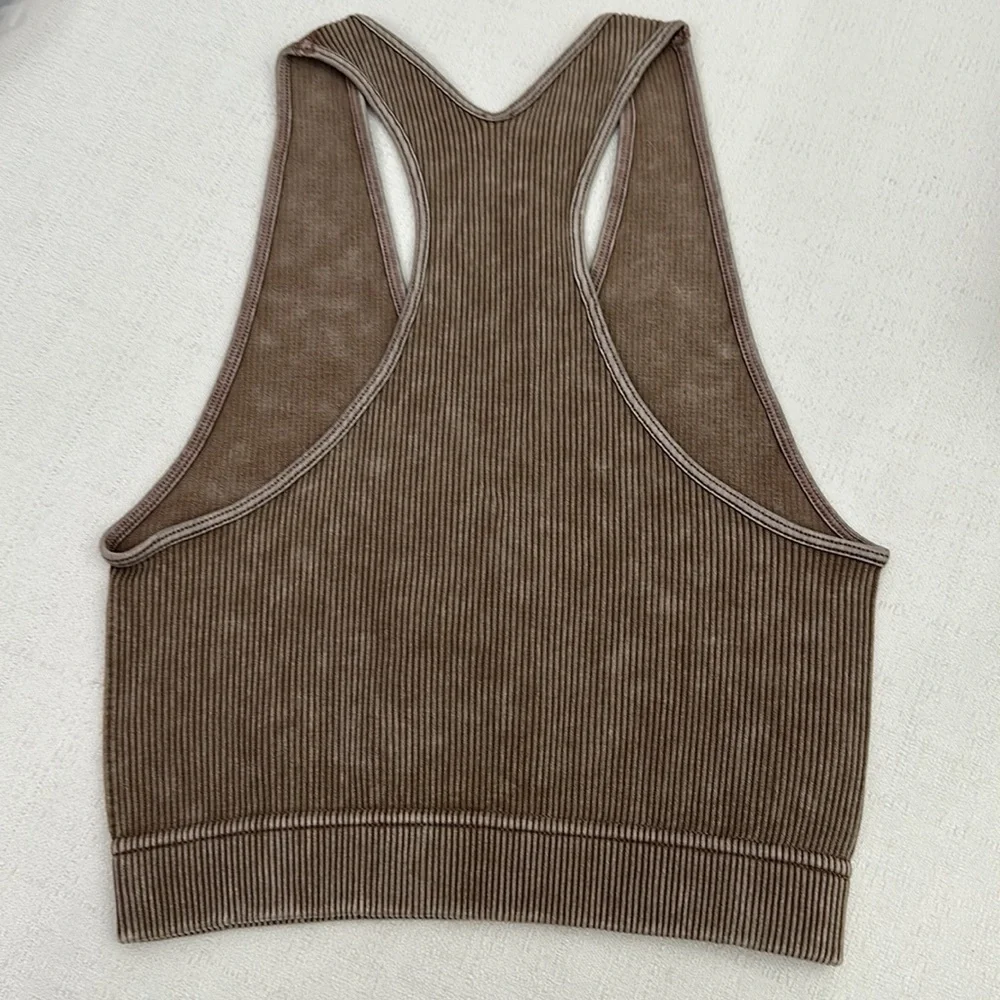 Mocha Stone Washed Cropped Ribbed Racerback Tank - Picture 4 of 7